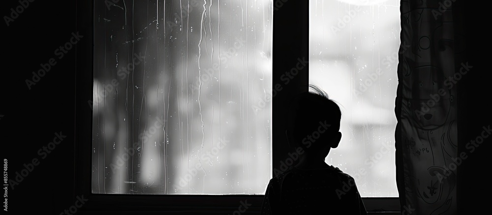 Aufkleber Blurry background Silhouette sad boy crying at window, black and white. Copy space image. Place for adding text or design
