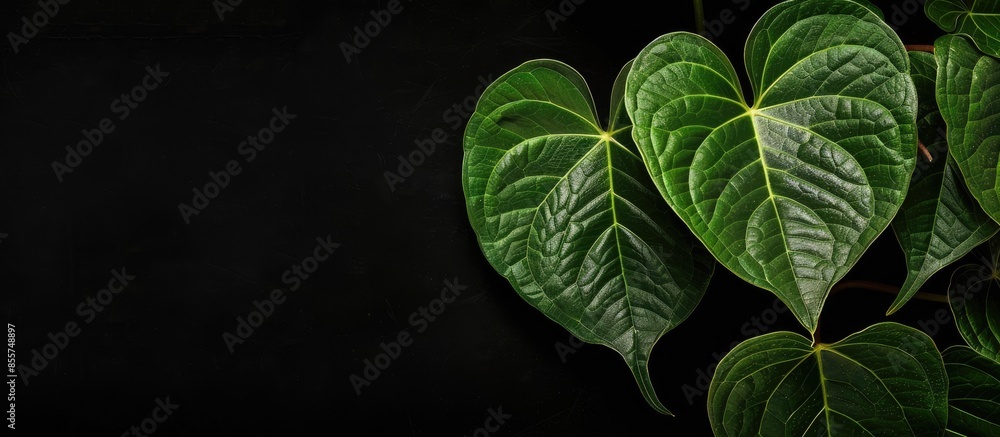 Poster leaves of anthurium clarinervium on black background. with copy space image. place for adding text o