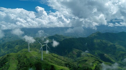 wind turbines atop a lush green mountain, under a clear blue sky dotted with fluffy white clouds.