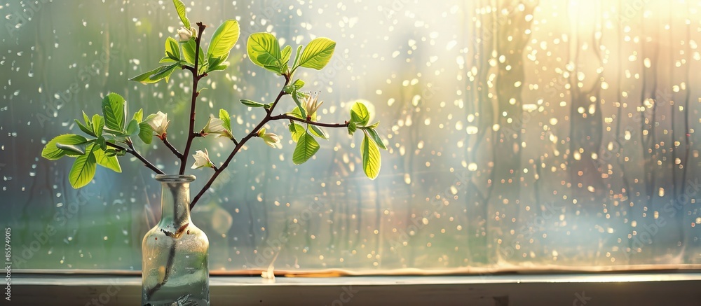 Leinwandbilder Fresh leaves in spring on a branch. A branch bloomed on the windowsill in a vase. with copy space image. Place for adding text or design