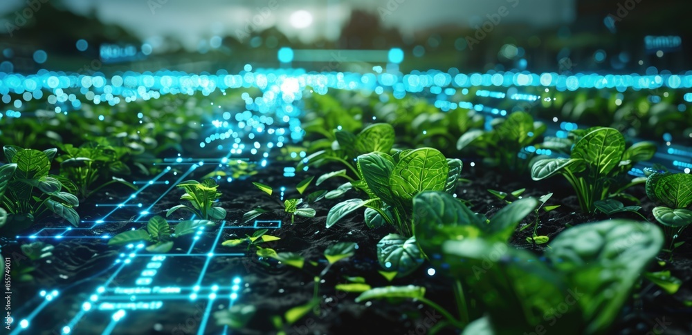Poster intelligent crop monitoring in a vegetable field background. concept of using ai and sensors for rea