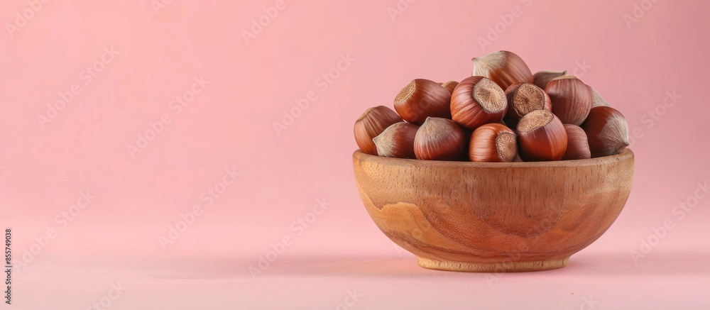 Poster hazelnuts in wooden bowl isolated on pastel background. with copy space image. place for adding text