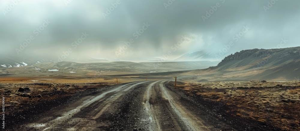 Poster rough empty dirt road in icelandic volcanic inland is accesible just by 4x4 vehicles. copy space ima