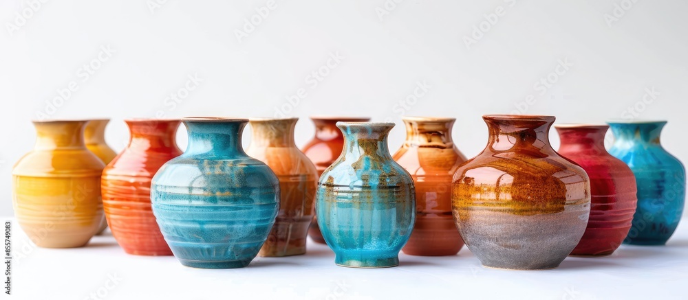 Poster Set of beautiful ceramic vases on white background . with copy space image. Place for adding text or design