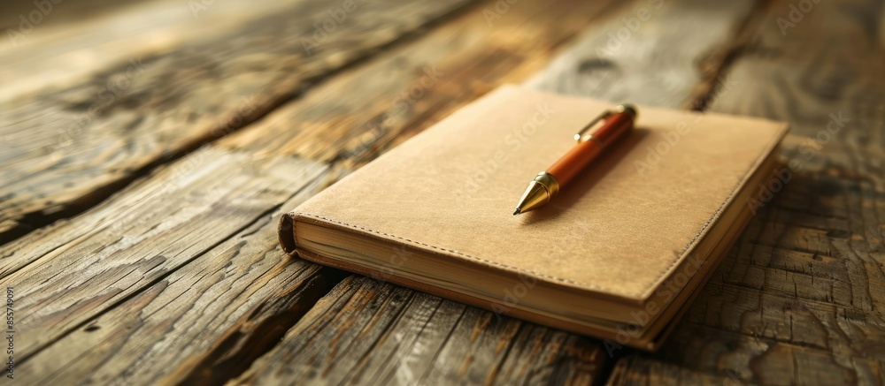 Poster A notebook with a pen sitting on a wooden table. with copy space image. Place for adding text or design