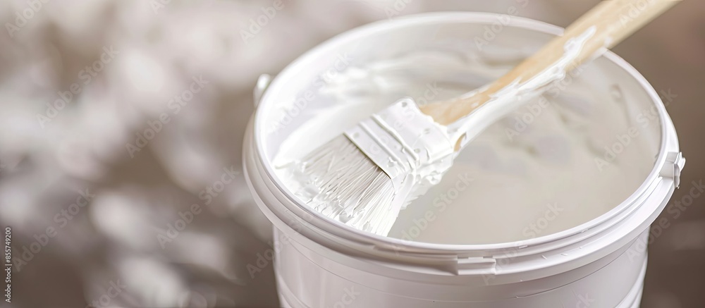 Poster a bucket of white paint and a brush. painting works in the premises. tidying up the apartment. repai