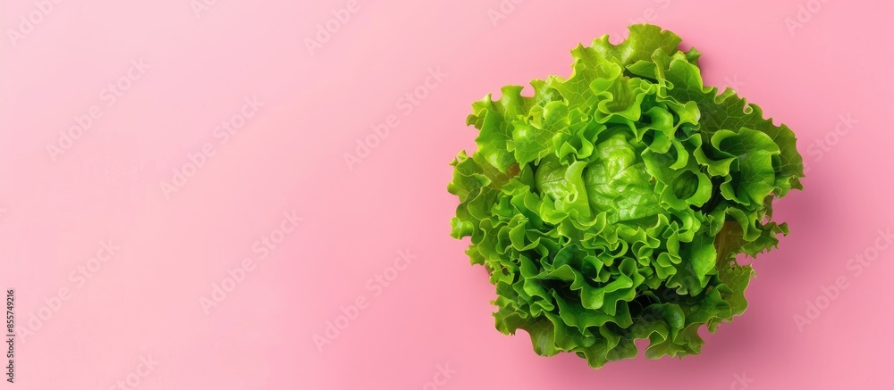 Poster fresh green cos lettuce isolated on pastel background. with copy space image. place for adding text 