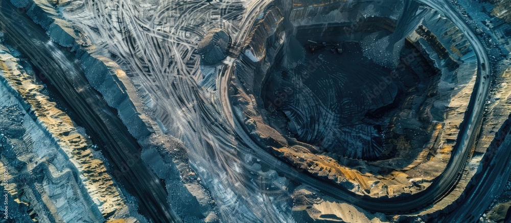 Poster Coal mining an open pit extractive industry, top view aerial. Copy space image. Place for adding text or design