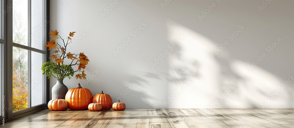 Poster interior of modern dining room with fresh pumpkins and table. with copy space image. place for addin