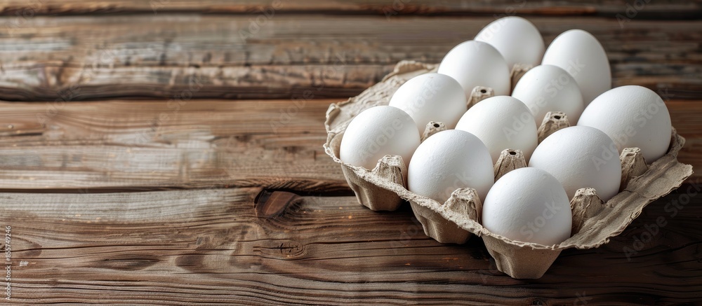 Poster white eggs in a paper container on wooden boards. cooking theme background. with copy space image. p