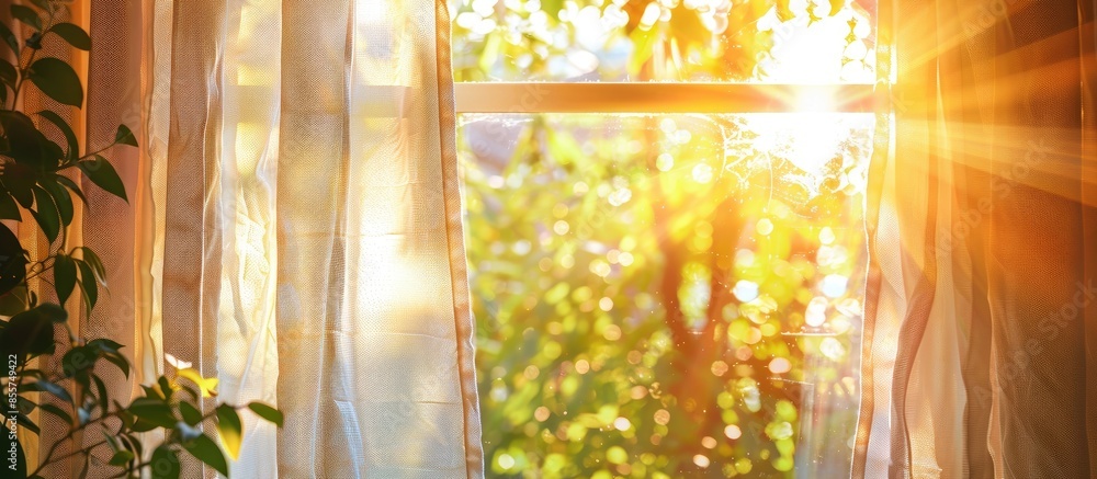 Aufkleber Bright morning sun in the open window through the curtains. with copy space image. Place for adding text or design