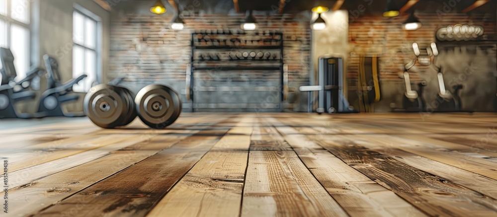 Poster fitness gym and wooden table space. copy space image. place for adding text or design