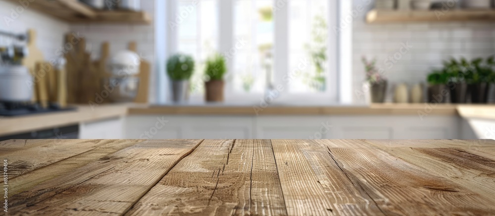 Poster Table Top And Blur Kitchen Room Of Background. with copy space image. Place for adding text or design