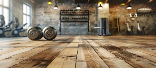fitness gym and wooden table space. Copy space image. Place for adding text or design