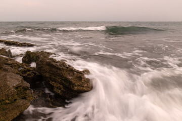 Beautiful rocky shore of the Caspian Sea.