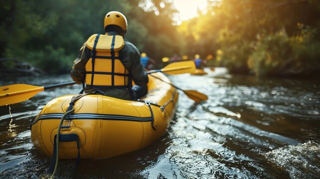 Explorers embarking on an adventure travel journey, rafting down wild rivers and camping in remote, picturesque locations