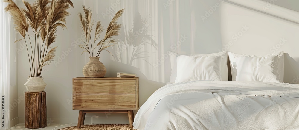 Poster Comfortable bed and nightstand table with dry reeds near white wall. with copy space image. Place for adding text or design