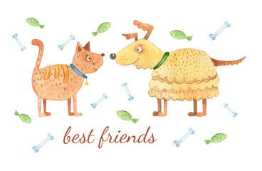 Postcard cat and dog friends. Watercolor illustrations of pets, animals. Print, poster with a red cat and a dog
