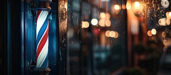 vintage Barbershop window pole on the black background with space for text. Old-fashioned barber pole in the window, night shot, selective focus. Copy space image. Place for adding text or design