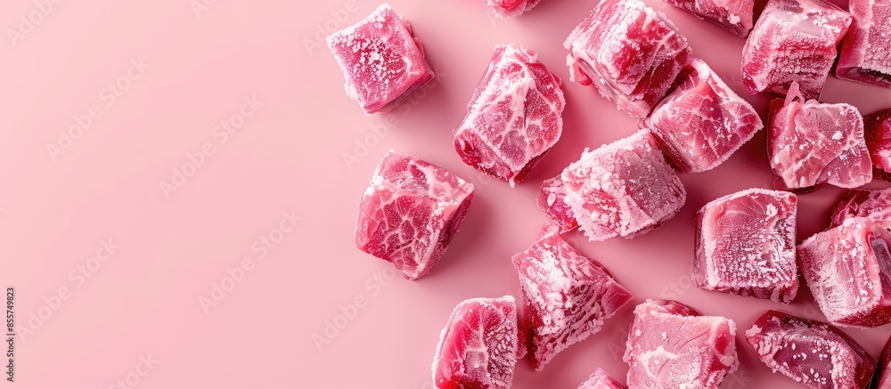 Poster Top view of frozen pork meat cubes Isolated on pastel background. with copy space image. Place for adding text or design