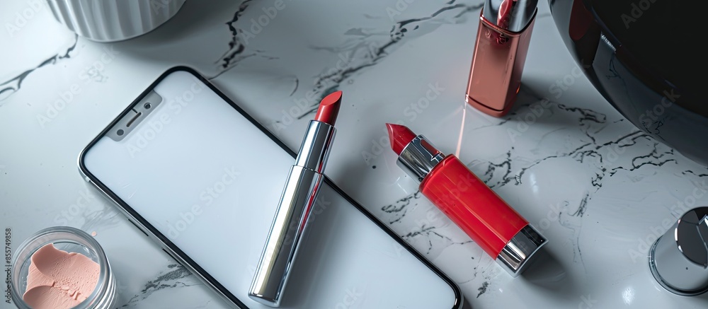 Poster Cosmetics and smartphones in the sinkfoundation, Lipstick and smartphone. with copy space image. Place for adding text or design