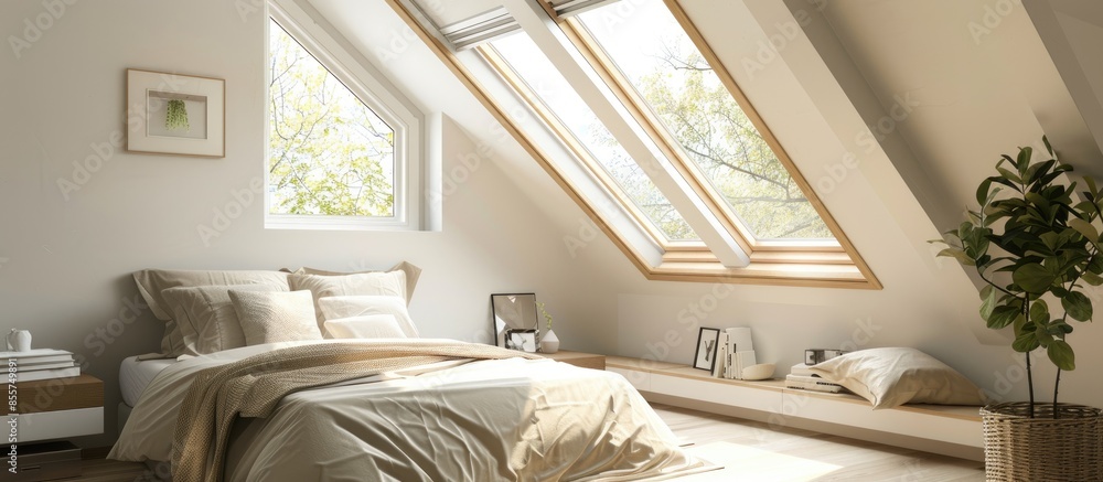 Poster bedroom in modern student apartment with sky light. with copy space image. place for adding text or 