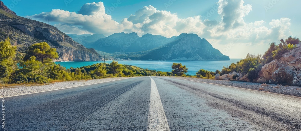 Wall mural asphalt road and mountain with blue sea natural landscape. copy space image. place for adding text o