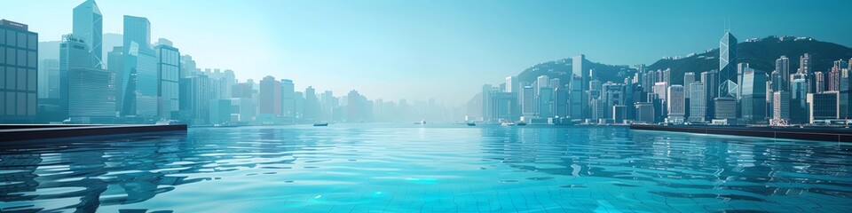 Obraz premium Infinity pool overlooking a bustling cityscape, daytime, clear skies, sleek and contemporary, photorealistic