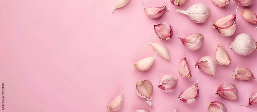 Poster garlic cloves background photo, allium sativum pastel background. with copy space image. place for a