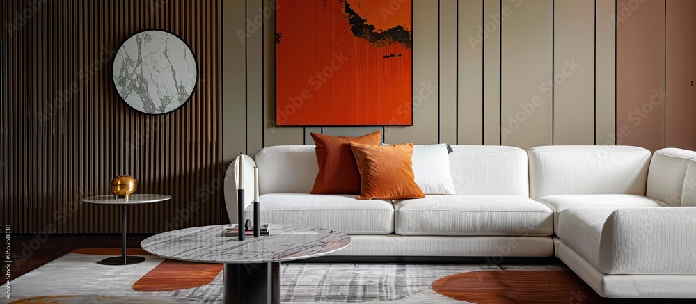 Aufkleber the living room has a white sofa, a marble table and a picture frame on the wall. with copy space im