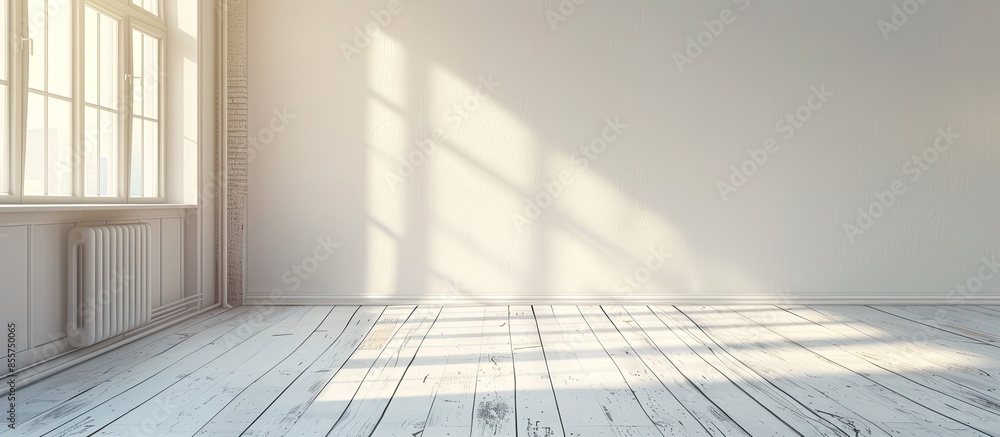 Poster empty room with wooden baseboards with white ceramic flooring, aluminum radiator and ceiling fan. wi