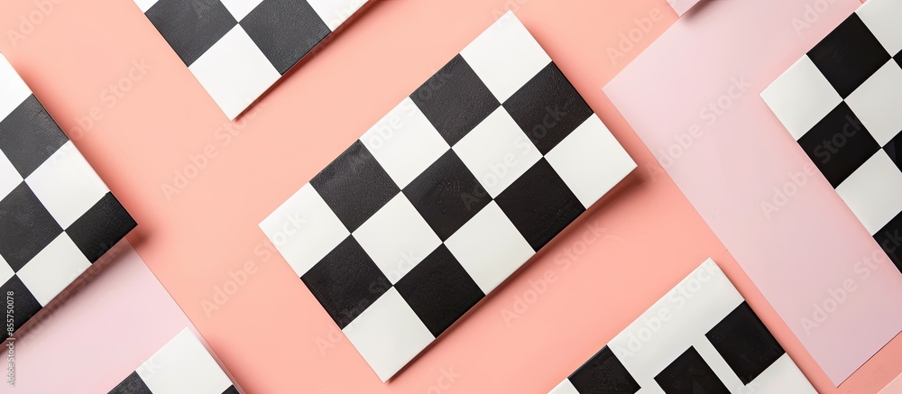 Poster Black and white business cards in checkerboard order isolated on pastel background.  of vertical cards to showcase your presentation. with copy space image. Place for adding text or design