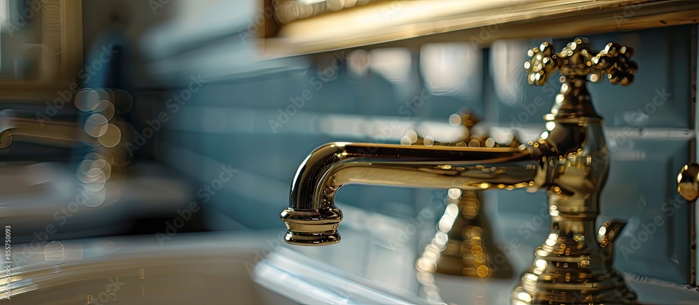 Poster close-up classic gold tap in vintage bathroom. with copy space image. place for adding text or desig