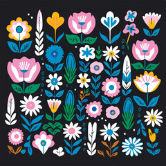 Elegant illustrations of blue and white flowers on a dark background, perfect for spring and summer themes. Ideal for Easter, Mother's Day, and other seasonal celebrations. Great for art, decor, and c