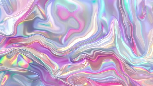 Iridescent abstract colorful background, 3d render, holographic foil, liquid petrol surface, ripples, metallic reflection, esoteric aura, psychedelic animation, seamless loop 4k