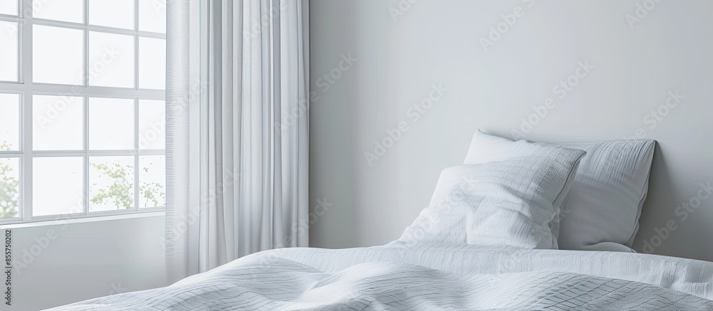 Poster bed and  bedspread pillow white in in bedroom. with copy space image. Place for adding text or design