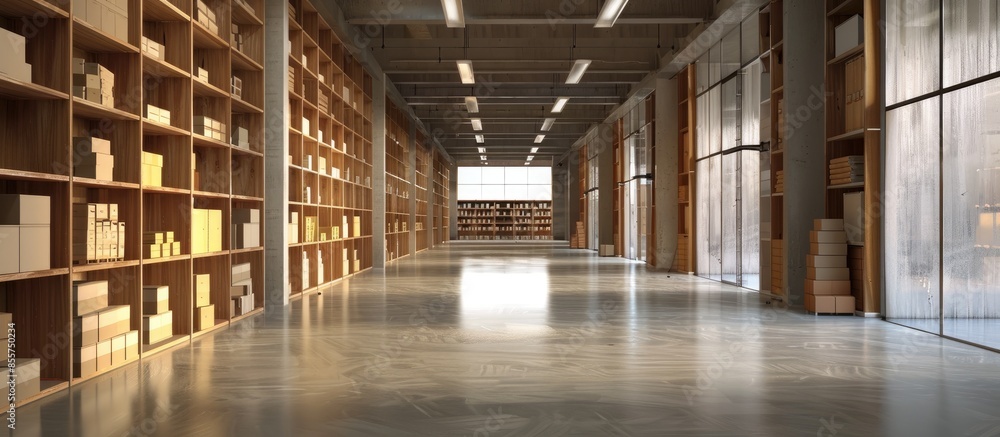 Poster interior of warehouse. Rows of shelves with boxes. Copy space image. Place for adding text or design
