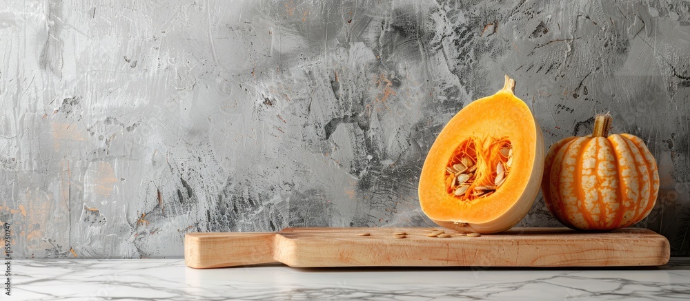 Fototapete slice of pumpkin on cutting board at kitchen counter. with copy space image. place for adding text o