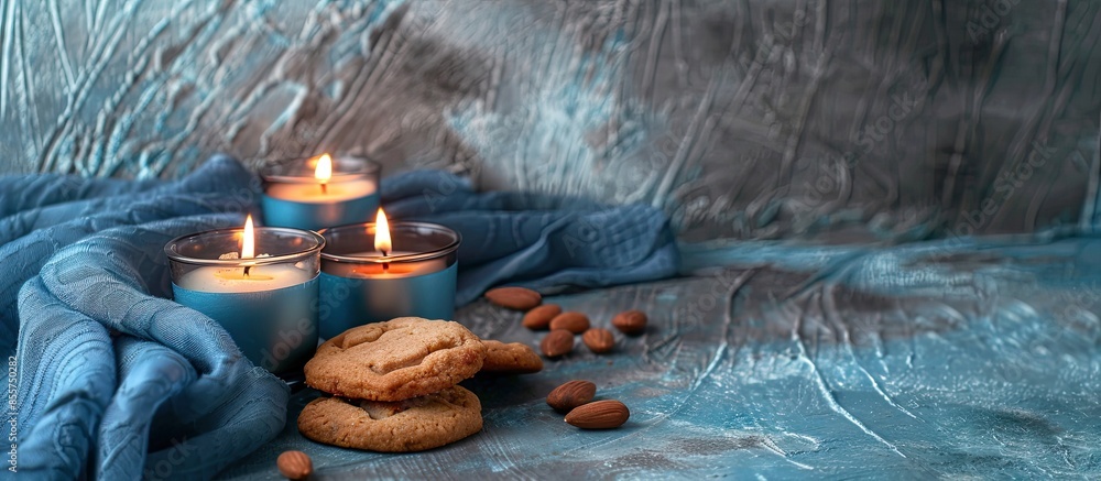 Poster Holders with burning candles and cookies on fabric background. with copy space image. Place for adding text or design