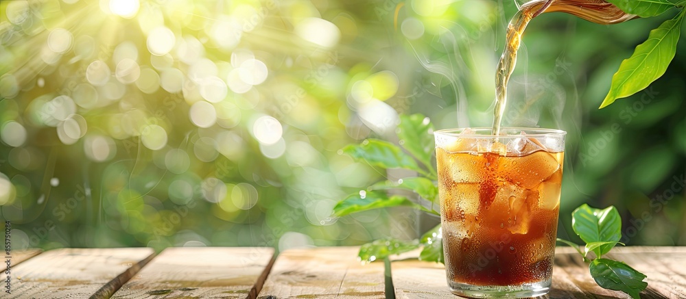 Poster Ice coffee on a wood table with cream being poured into it showing the texture and refreshing look of the drink, with a clean background. Copy space image. Place for adding text or design