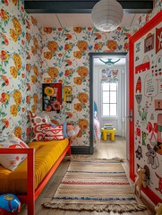 A cheerful childs bedroom featuring vibrant floral wallpaper, a cozy daybed, and playful artwork. Generative AI