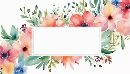 Watercolor greeting card frame or placecard with flowers and leaves.