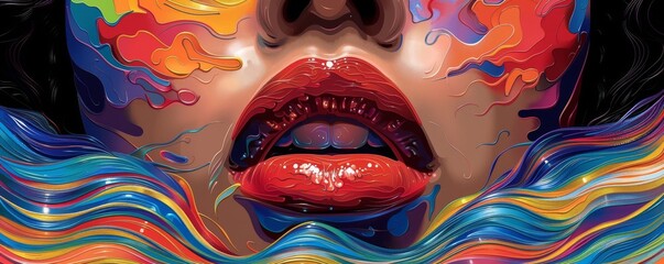 Colorful artistic illustration of expressive face with vibrant lips and flowing patterns