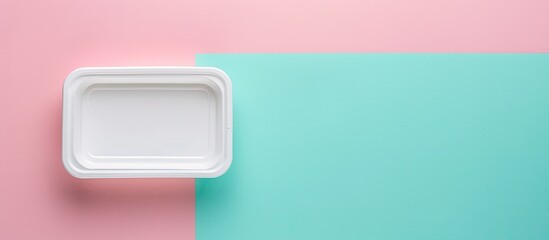 Fototapeta premium Empty white plastic food container. pastel background. with copy space image. Place for adding text or design
