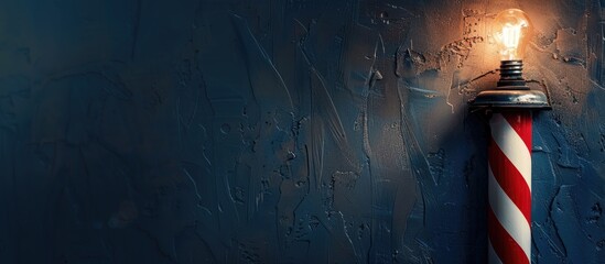 Barber shop vintage pole. copyspace Barbershop. Barber shop pole in red white and blue with lightbulb on top