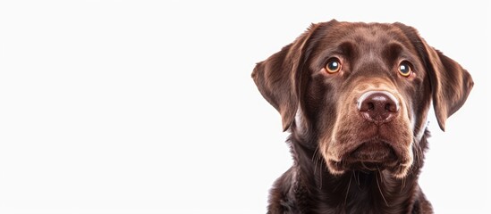Fototapeta premium Cute pet. Half-length portrait of beuatiful dog, chocolate color labrador posing isolated on white background. Concept of animal, pets, vet, friendship. Copy space for ad, design