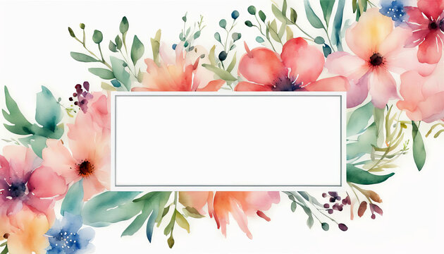 Watercolor greeting card frame or placecard with flowers and leaves.