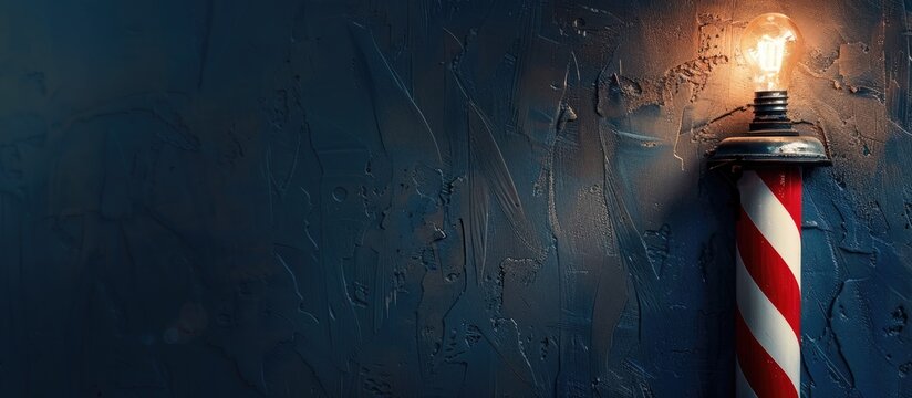 Barber shop vintage pole. copyspace Barbershop. Barber shop pole in red white and blue with lightbulb on top