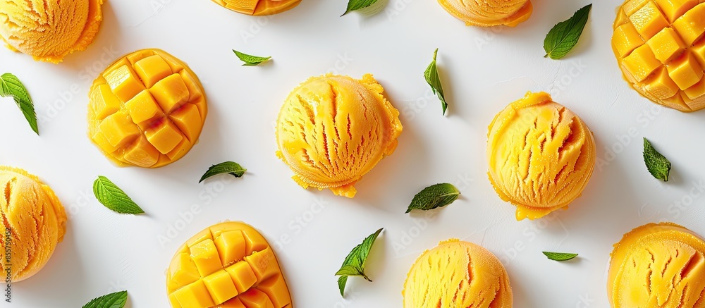 Aufkleber creative layout made of mango ice cream on the white background. flat lay. food concept. macro conce