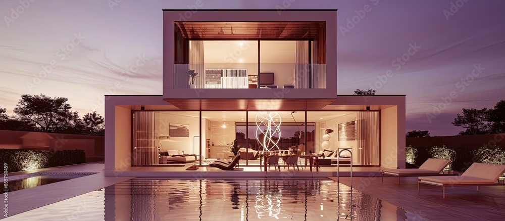 Aufkleber External view of a contemporary house with pool at dusk. with copy space image. Place for adding text or design